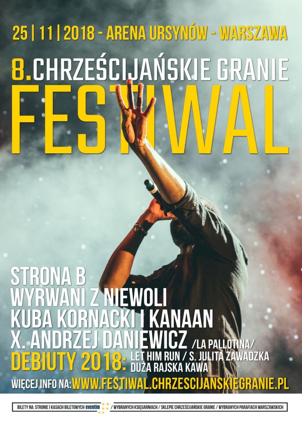 Festiwal Chrześcijańskie Granie zaprasza w niedzielę, 25 listopada 2018 do Areny Ursynów (ul. Pileckiego 122) w Warszawie.